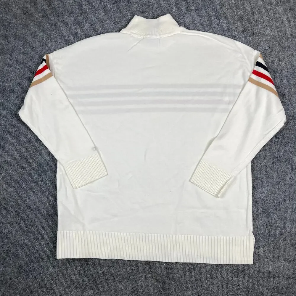 Tommy Hilfiger Sweater Mens L Cream Mock Neck Stripe‎ Logo Pullover